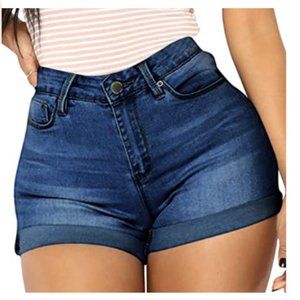 Women's High Waist Denim Jean Raw Hem Ripped Short